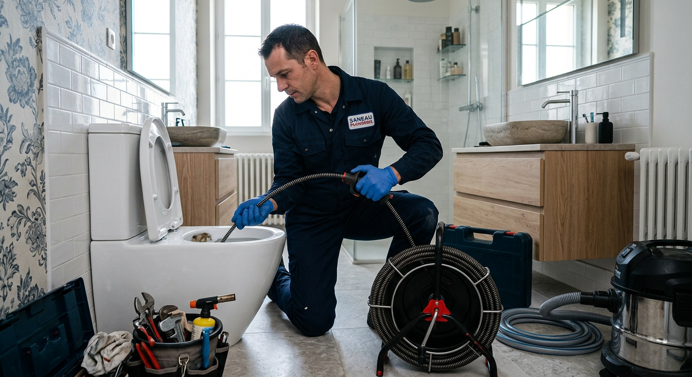 Plombier débouchant des WC avec un furet électrique à Versailles
